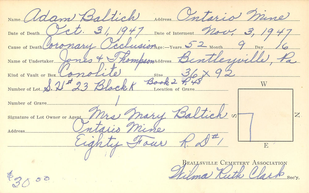 Adam Baltich burial card